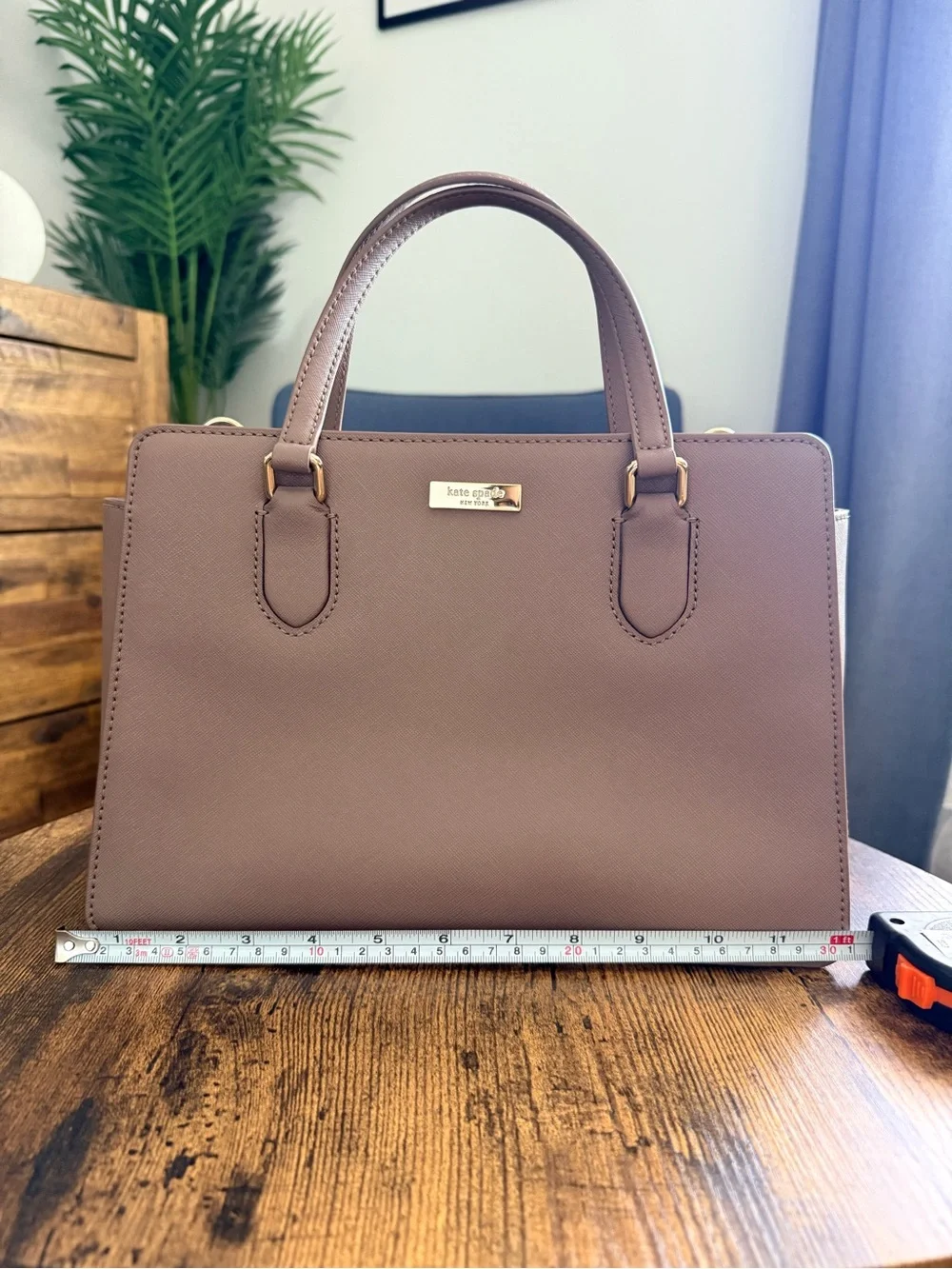 kate spade taupe mauve leather satchel with gold hardware